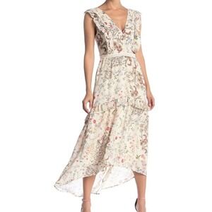 Chelsea28 Floral Print‎ Ruffle Trim V-Neck Tiered Midi Dress Frock Fairy Small